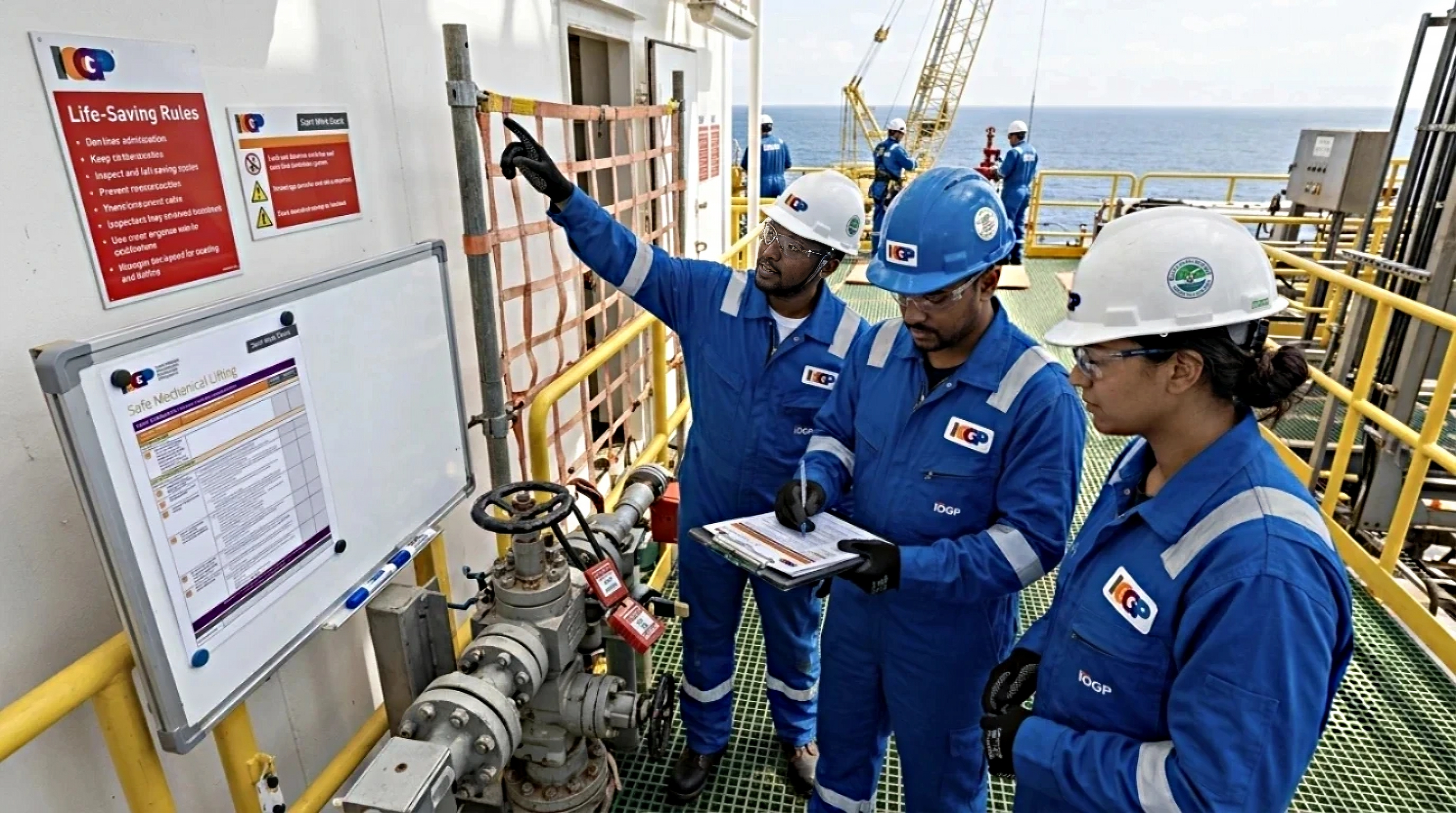 Offshore workers carrying out a Start Work Check beside isolated equipment before beginning a task
