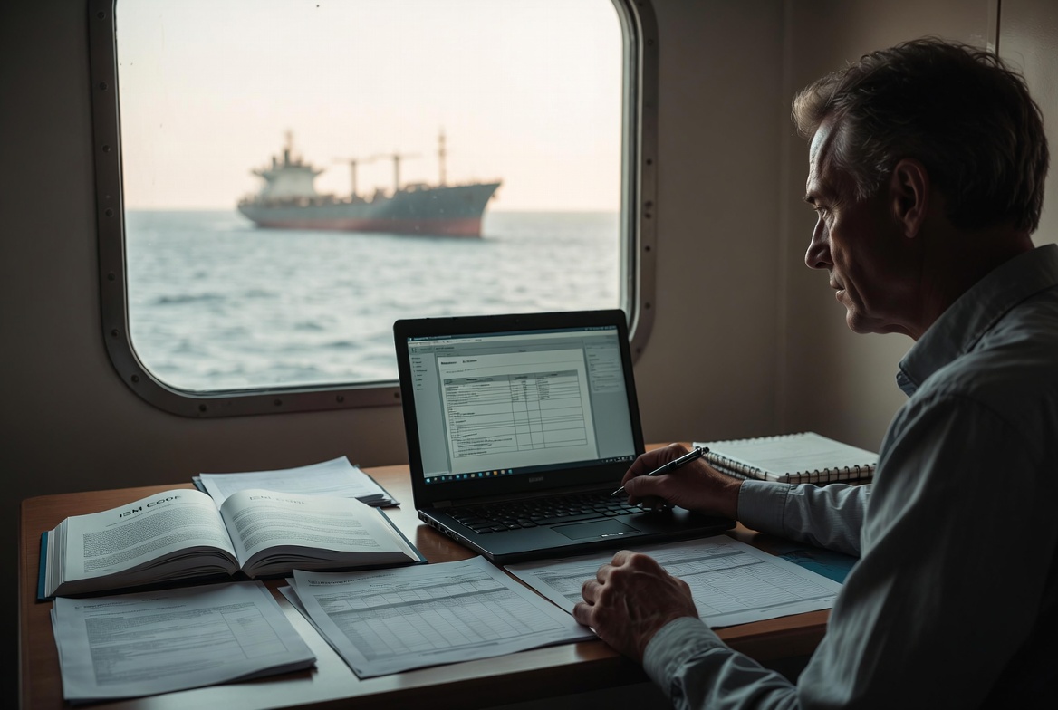 Maritime officer reviewing AI-supported information onboard a vessel